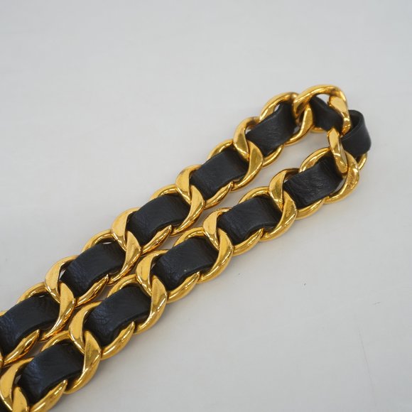 Auth Chanel Belt Chain Belt Gold Metal Fittings Women's Leather Chain Belt Black - Picture 9 of 11